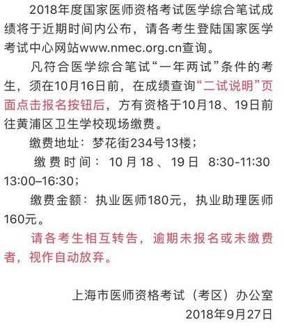 上海市2018年医师资格考试成绩查询入口及二试报名缴费通知