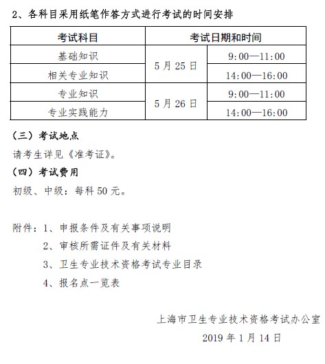 上海考点2019年卫生资格考试时间