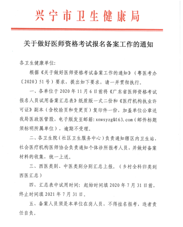 兴宁市2021年医师资格考试报名备案通知